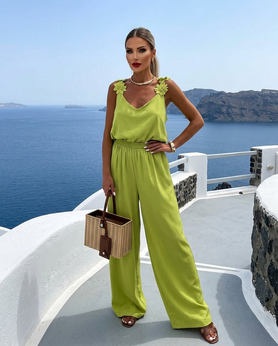 Floral Applique V-Neck Wide Leg Jumpsuit
