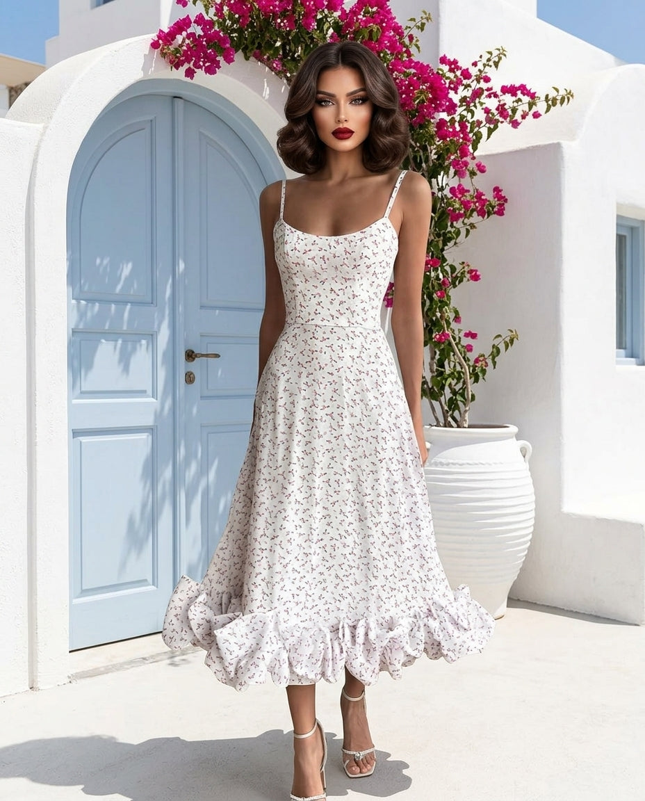 Floral Print Ruffle Hem Spaghetti Strap Midi Dress