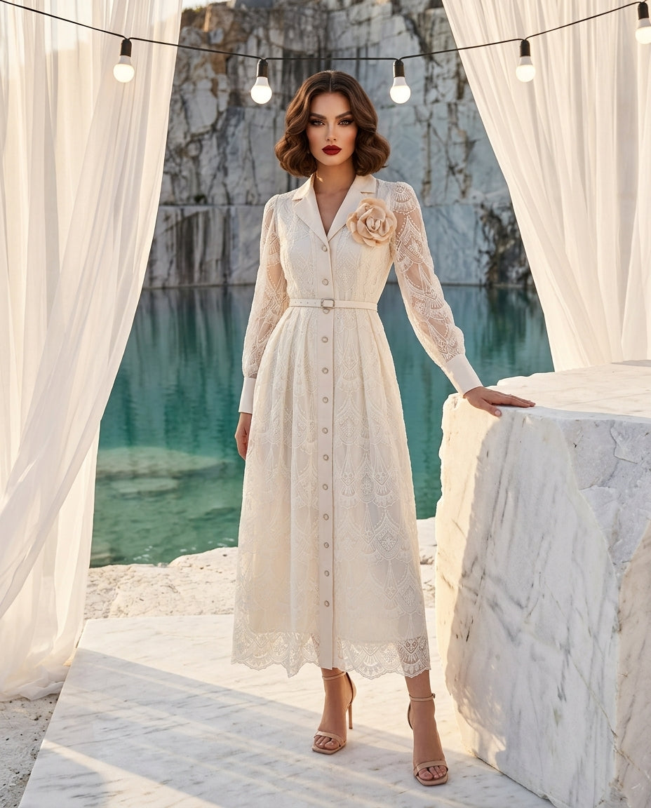 Lace Button Front Midi Dress
