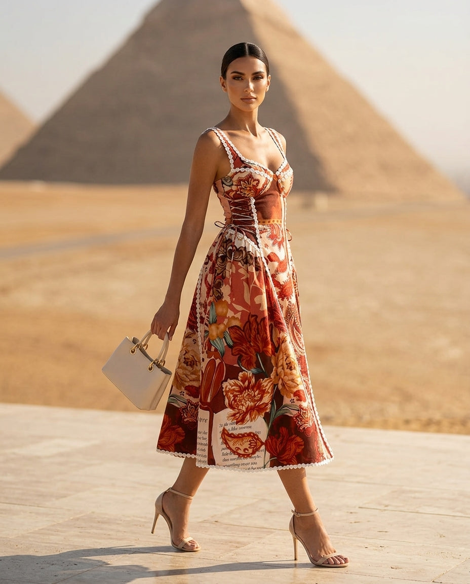 Vintage Paisley Print Lace Trim Midi Dress