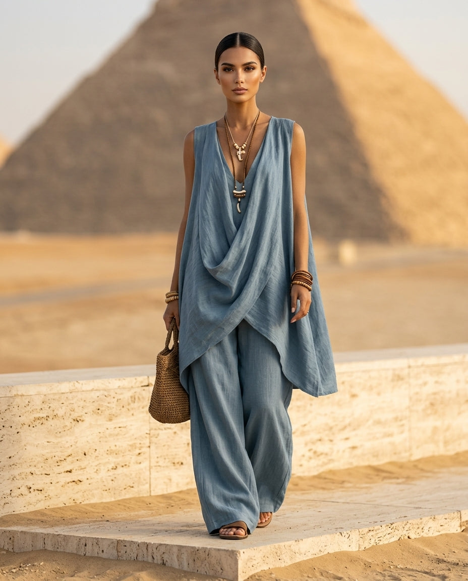 Sleeveless Asymmetrical Top and Wide-Leg Pants Set