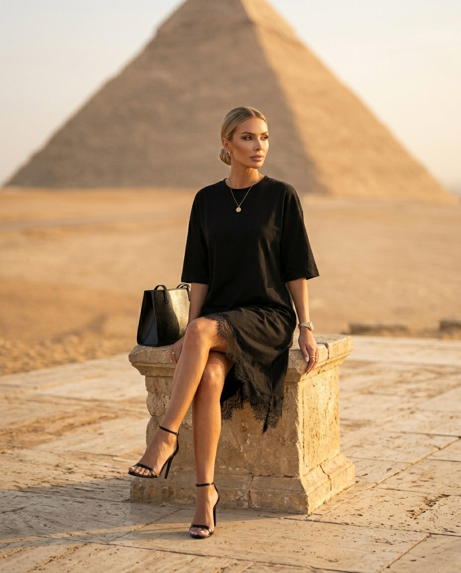 Lace Trim Asymmetrical Hem T-shirt Dress