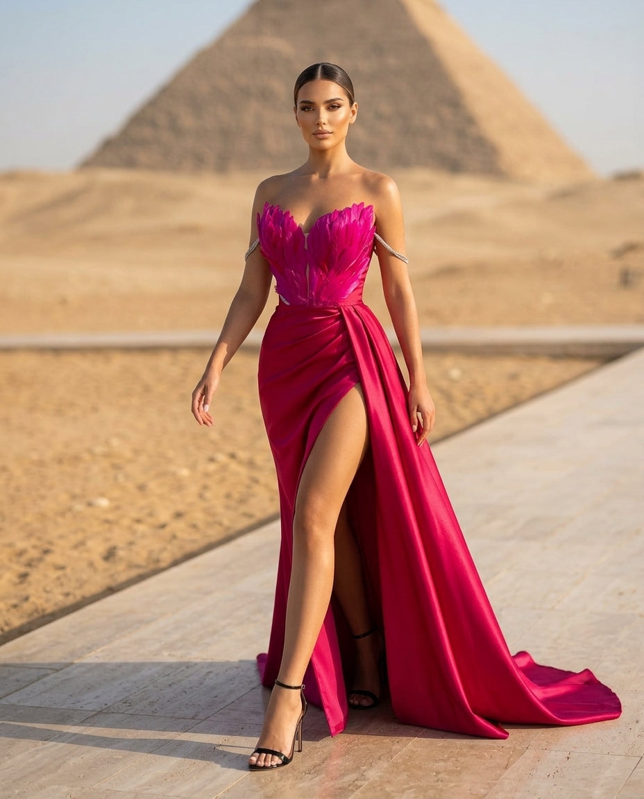 Feather Embellished Slit Maxi Dress