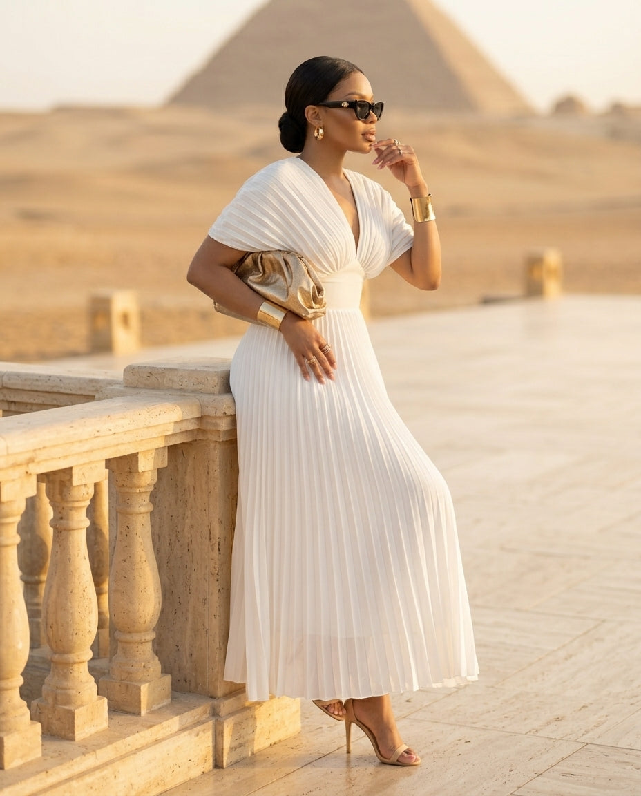 Pleated Cap Sleeve Midi Dress