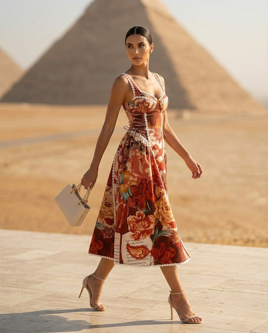 Vintage Paisley Print Lace Trim Midi Dress