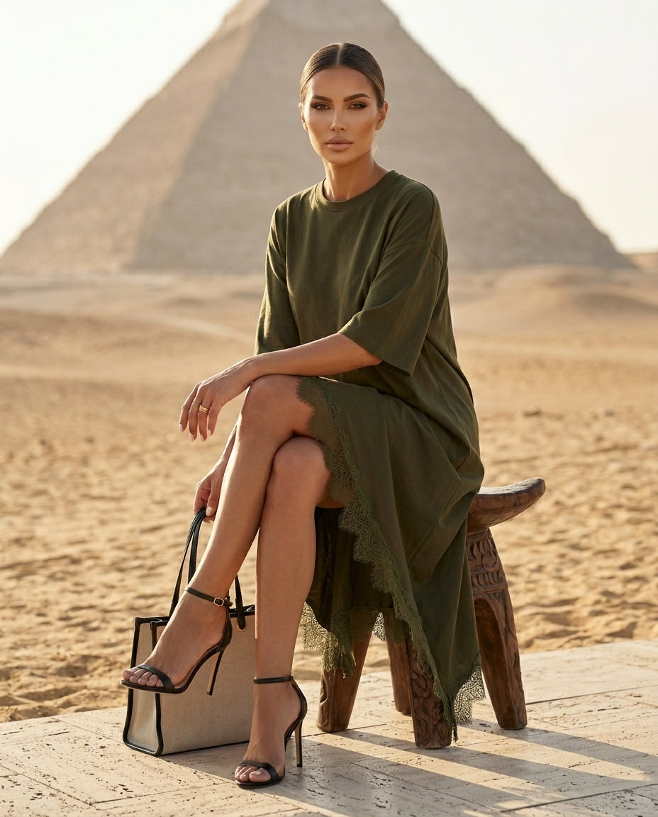 Lace Trim Asymmetrical Hem T-shirt Dress